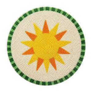 Handcrafted beaded coaster detail showcasing vibrant sun design and green geometric border pattern.