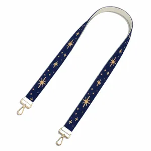 Beaded bag strap with blue woven fabric and gold star geometric patterns for custom purses.