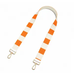 Breiter, orange-weiß gestreifter Web-Taschenriemen mit goldenen Metallverschlüssen.