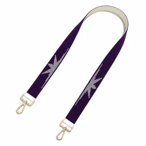 Tracolla per borsa in perline viola con moschettoni dorati, fettuccia larga