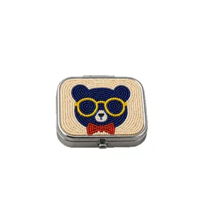 Boite a pilules perles fait main ours metal bijoux rangement etui mignon dessin anime