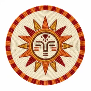 Handmade seed bead coaster featuring a tribal sun design, perfect for bohemian home decor.