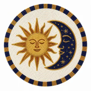 Nahaufnahme des handgemachten Boho-Perlenuntersetzers mit Sonne, Mond und blauem Muster.