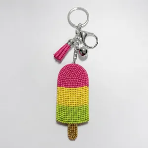 Detailed close-up view of handmade colorful seed bead popsicle keychain bag charm.