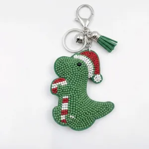 Handgefertigter Glasperlen Weihnachten Schlüsselanhänger Süßer Cartoon Lebkuchenmann Rentier Dinosaurier Quaste Tasche Anhänger Schmuck Schlüsselring Geschenk
