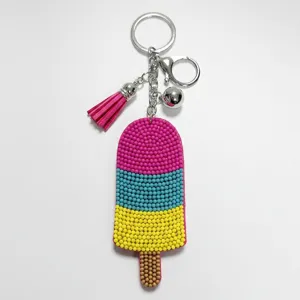 Handmade seed bead popsicle keychain with pink tassel cute ice cream bag charm pendant decor