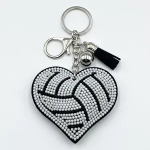 Perlen Herz Volleyball Schlüsselanhänger mit schwarzer Quaste Metall Ring Tasche Anhänger