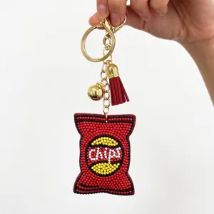 Handgefertigter Perlen-Snackbeutel Schlüsselanhänger mit Quaste und goldenem Ring
