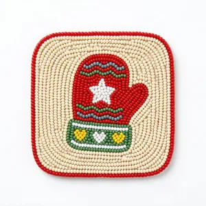 Handgemachte Weihnachts-Glasperlen-Untersetzer Detailansicht, festliche Perlentischmatte.