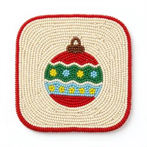 Nahaufnahme eines handgefertigten Perlen-Untersetzers mit weihnachtlichem Christbaumkugel-Muster.