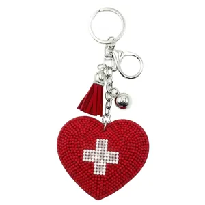 Rotes Perlen Herz Schlüsselanhänger mit Quaste Krankenschwester Tasche Charms Anhänger