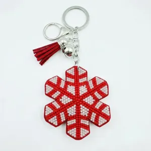 Rot-weißer Perlen Schneeflocke Schlüsselanhänger mit Quaste, schöner Feiertag Tasche Anhänger.