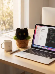 Lindo peluche de gato negro en maceta de flores en escritorio de madera junto a computadora.