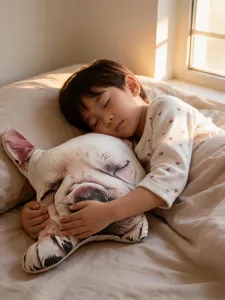 Cute French bulldog plush pillow, soft stuffed animal toy, cozy sleeping cushion for kids.