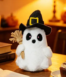 Cute Halloween ghost plush toy wearing witch hat and holding broom, soft toy gift for kids.