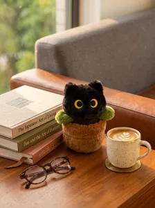 Lindo gato negro maceta de flores peluche suave muñeca para niños decoración de regalo.