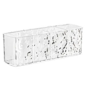 Clear acrylic 4-compartment desktop makeup and stationery organizer with water ripple design.