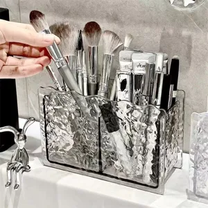 Clear PET Cosmetic Storage Box Double Grid Water Ripple Desktop Makeup Brush Lipstick Holder Organizer