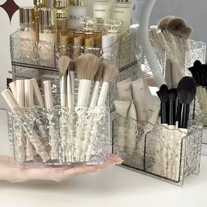 Clear acrylic ripple cosmetic storage box for desktop makeup brushes and lipsticks display.