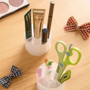 Mini divided round desktop storage box, 7-compartment plastic organizer for stationery and cosmetics.