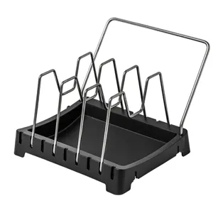 Adjustable pot and pan organizer rack with stainless steel dividers and kitchen towel bar.