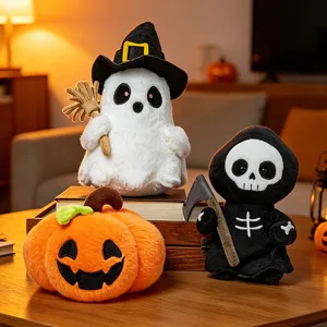 Cute Halloween plush toy set featuring ghost pumpkin and skeleton dolls for festive gifts.