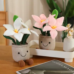 Peluche vaso di fiori giglio cartone animato bambola morbida imbottita con viso sorridente
