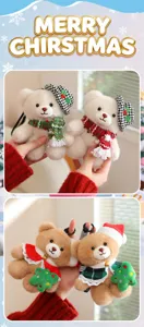 Weihnachten Plüsch Bär Anhänger Detailansicht, süßes Stofftier Spielzeug mit Schal und Mütze.