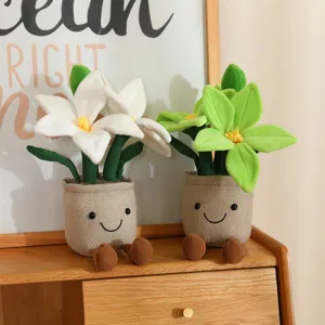 Simpatica bambola di peluche di giglio in vaso con viso sorridente, morbida decorazione stanza.