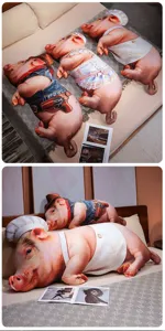 Detailed showcase view of creative cute pig plush body pillows in funny outfits.