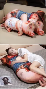 Cute 3D pig body pillow detail scene, soft plush hugging toy for bedroom relaxation and comfort.