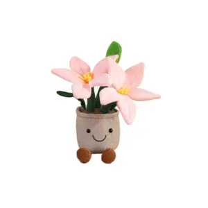 Simpatico peluche di fiore in vaso con viso e piccoli piedi, morbida bambola regalo.