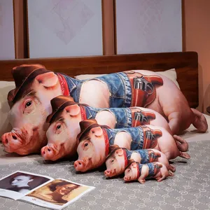 Cute cowboy pig plush pillow toy, nested long plush doll, soft home decor sleeping pillow.