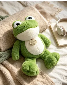 Soft green frog plush toy detail, cute stuffed animal with fuzzy texture and cute expression.