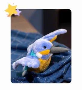 Detailed shot of a cute plush kingfisher bird toy featuring soft blue feathers and realistic beak.