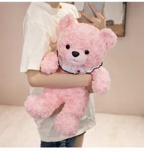 Cute pink rose teddy bear plush toy with sweet bib stuffed animal soft doll for kids gifts