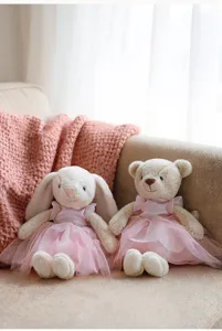 Lindos juguetes de peluche de conejo y oso con vestido rosa, muñecos suaves para niños.
