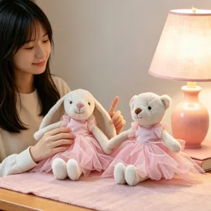 Lindo conejito y osito de peluche con vestidos rosas, juguetes suaves para niños pequeños.