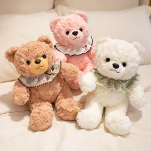 Cute Bib Teddy Bear Plush Toy Stuffed Animal Doll Soft Fluffy Ruffle Bib Bear Toy For Kids Girls Soothing Companion