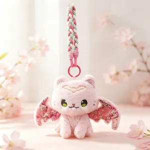 Cute pink bat cat plush toy keychain with cherry blossom wings and braided strap pendant