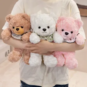 Adorable bib teddy bear plush toy set, soft stuffed animal doll for kids and girls.