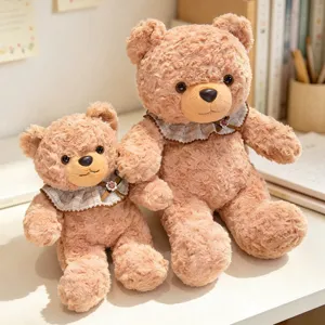 Cute brown teddy bear plush toy set with plaid bib, soft stuffed animal doll for kids.
