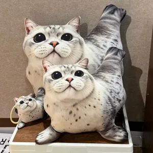 Creative cute seal cat plush pillow toy, realistic 3D printed animal doll keychain.