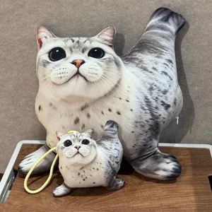 Cute funny seal cat plush pillow and mini keychain pendant soft toy set for lovely room decor.