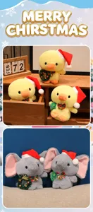 Christmas plush toy detail, cute yellow duck and gray elephant doll with Santa hat.