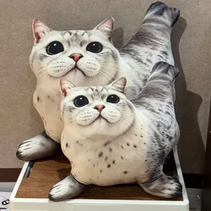 Detailed view of creative cute seal cat plush toy doll, funny cat head plushie pillow.