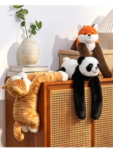 Cute hanging plush cat panda fox toy, cozy home decor detail view, soft stuffed doll.