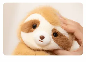 Cute plush sloth toy detail close up showing soft fluffy brown fur and cute facial expression.