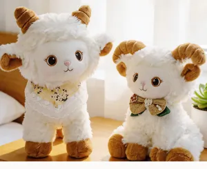Detail shot of cute fluffy lamb plush toys, soft white fabric with brown horns, cozy indoor setting.