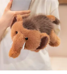 Cute floppy mammoth plush toy detail view, featuring soft brown fur and cute white tusks.